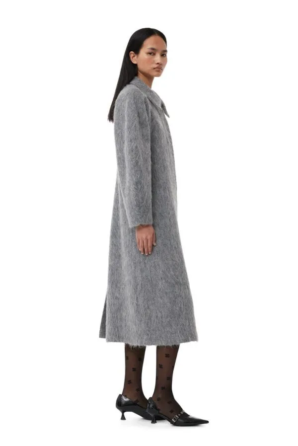 Clothing GANNI Outerwear Grey Fluffy Wool Curved Sleeves Coat Frost Gray Clothing GANNI Outerwear Grey Fluffy Wool Curved Sleeves Coat Frost Gray