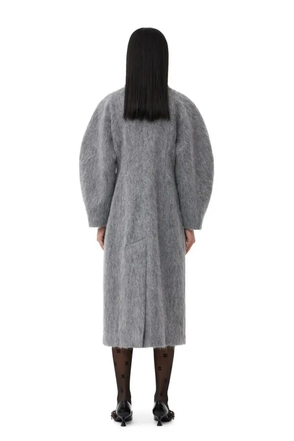 Clothing GANNI Outerwear Grey Fluffy Wool Curved Sleeves Coat Frost Gray Clothing GANNI Outerwear Grey Fluffy Wool Curved Sleeves Coat Frost Gray
