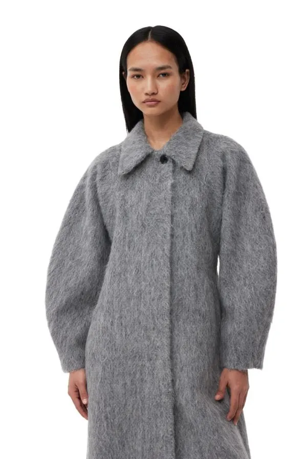 Clothing GANNI Outerwear Grey Fluffy Wool Curved Sleeves Coat Frost Gray Clothing GANNI Outerwear Grey Fluffy Wool Curved Sleeves Coat Frost Gray