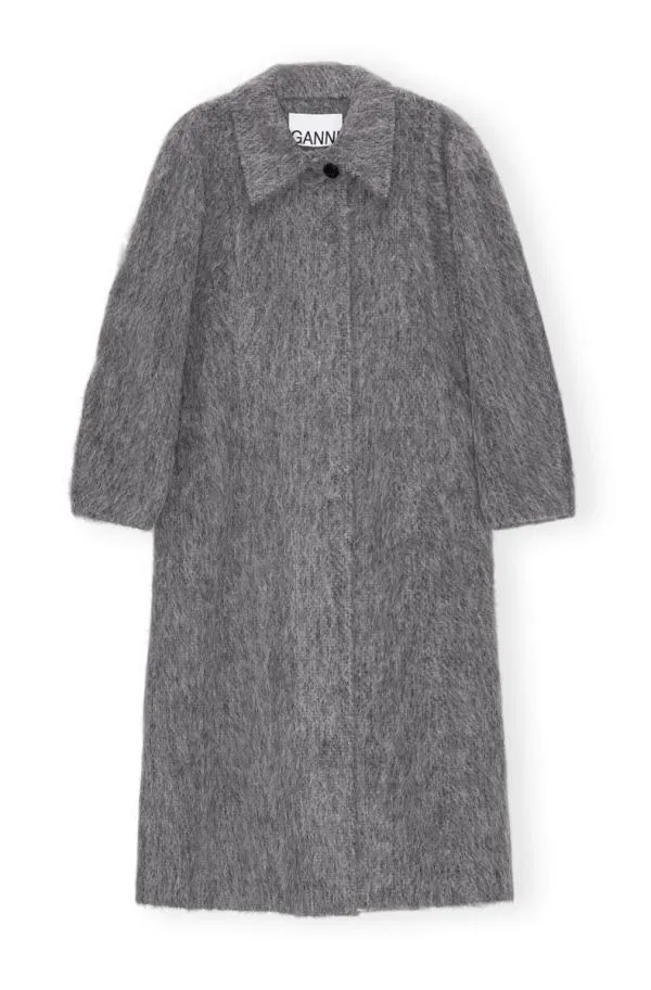 Clothing GANNI Outerwear Grey Fluffy Wool Curved Sleeves Coat Frost Gray Clothing GANNI Outerwear Grey Fluffy Wool Curved Sleeves Coat Frost Gray