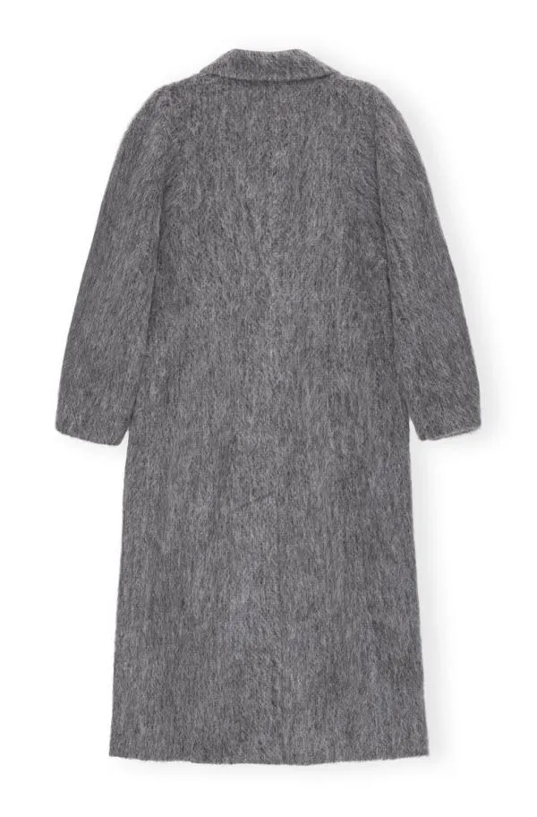 Clothing GANNI Outerwear Grey Fluffy Wool Curved Sleeves Coat Frost Gray Clothing GANNI Outerwear Grey Fluffy Wool Curved Sleeves Coat Frost Gray