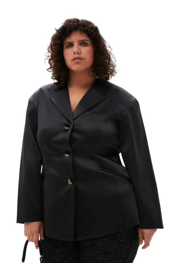 Clothing GANNI Suiting Double Satin Fitted Blazer Black Clothing GANNI Suiting Double Satin Fitted Blazer Black