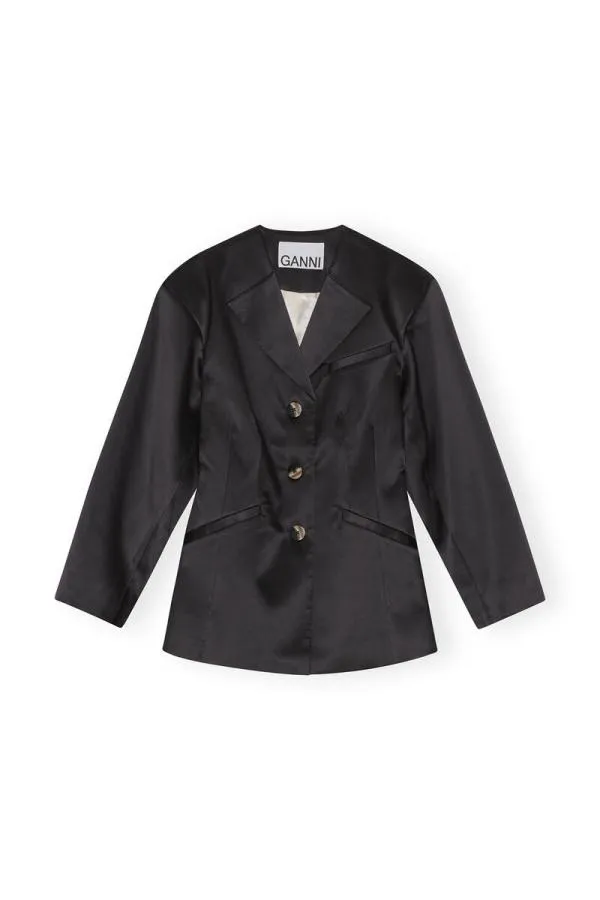 Clothing GANNI Suiting Double Satin Fitted Blazer Black Clothing GANNI Suiting Double Satin Fitted Blazer Black
