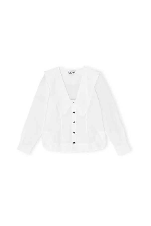 Clothing GANNI Tops Cotton Poplin Frill Shirt Bright White