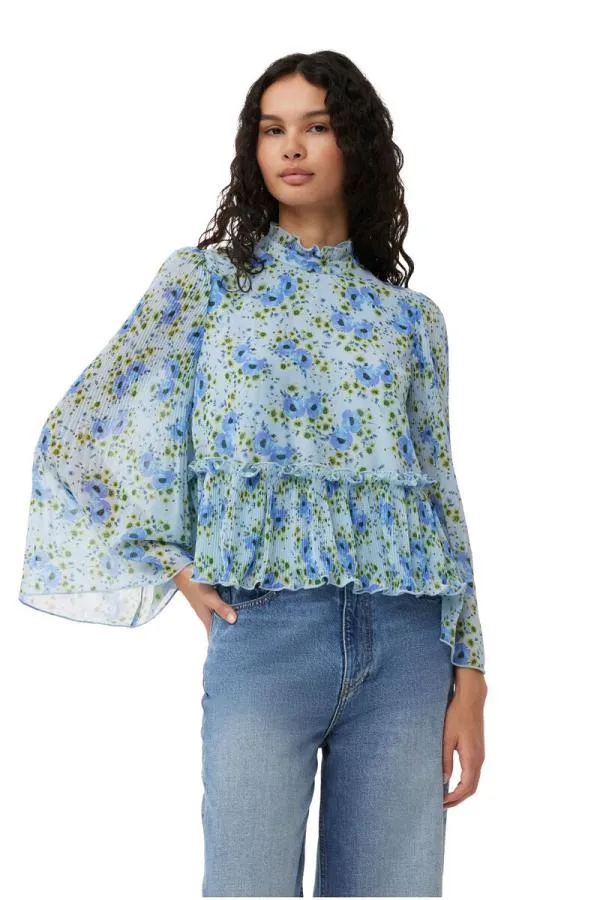 Clothing GANNI Tops Pleated Georgette Blouse Ice Water