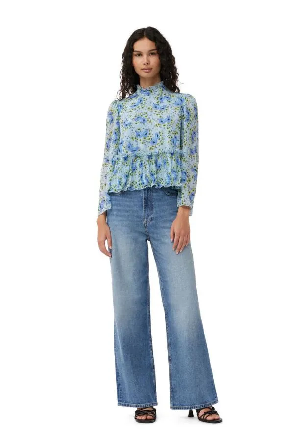 Clothing GANNI Tops Pleated Georgette Blouse Ice Water Clothing GANNI Tops Pleated Georgette Blouse Ice Water