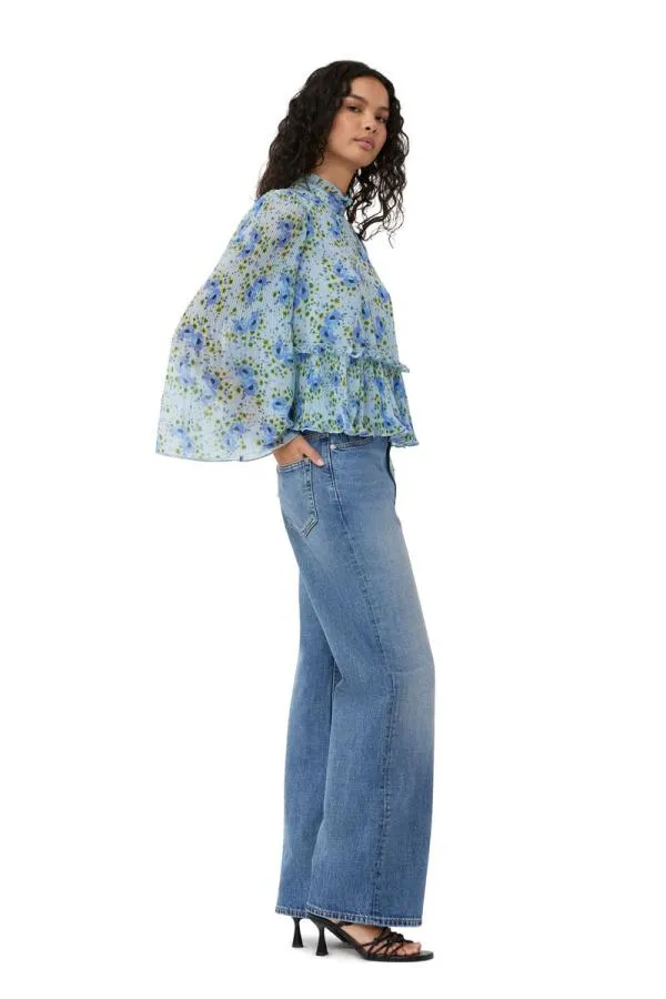 Clothing GANNI Tops Pleated Georgette Blouse Ice Water Clothing GANNI Tops Pleated Georgette Blouse Ice Water