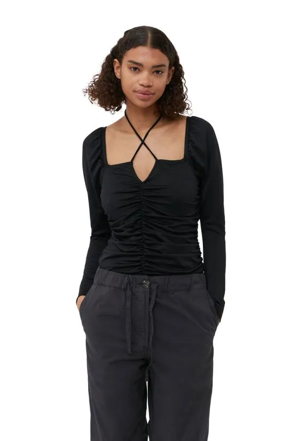Clothing GANNI Tops Shiny Crepe Jersey Ruched Blouse Black Clothing GANNI Tops Shiny Crepe Jersey Ruched Blouse Black