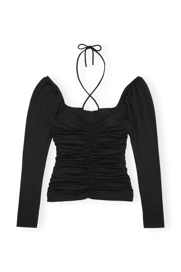 Clothing GANNI Tops Shiny Crepe Jersey Ruched Blouse Black Clothing GANNI Tops Shiny Crepe Jersey Ruched Blouse Black