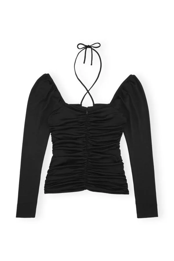 Clothing GANNI Tops Shiny Crepe Jersey Ruched Blouse Black Clothing GANNI Tops Shiny Crepe Jersey Ruched Blouse Black
