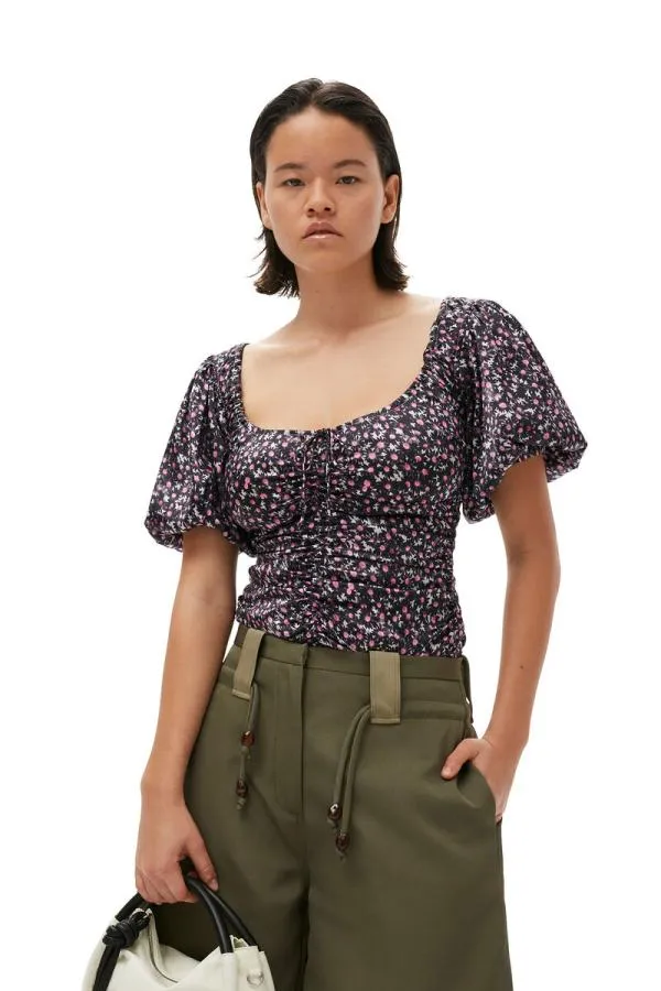 Clothing GANNI Tops Silk Stretch Satin Ruched Blouse Black Clothing GANNI Tops Silk Stretch Satin Ruched Blouse Black