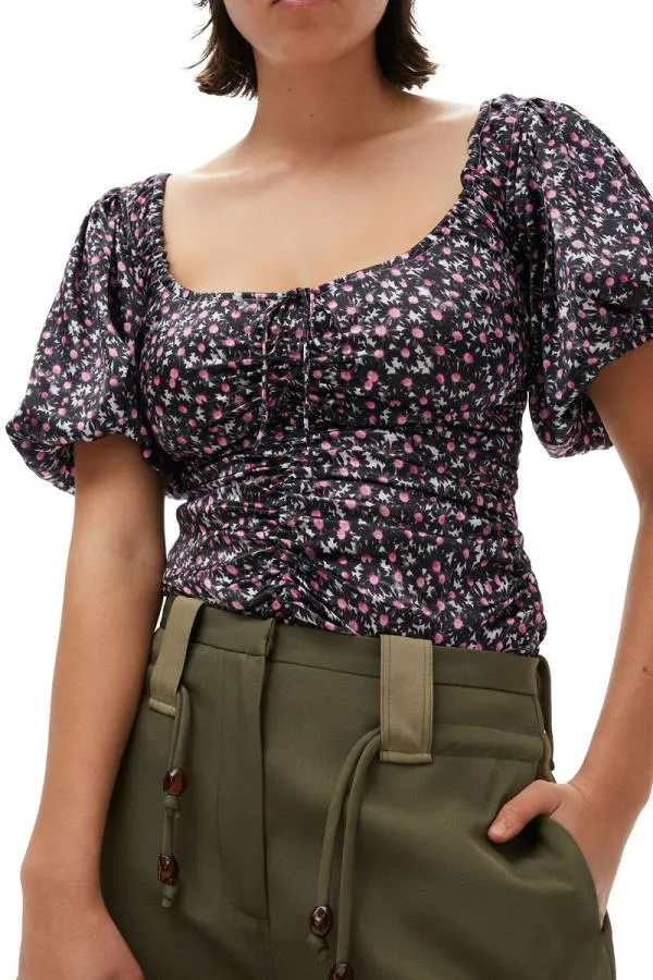 Clothing GANNI Tops Silk Stretch Satin Ruched Blouse Black Clothing GANNI Tops Silk Stretch Satin Ruched Blouse Black