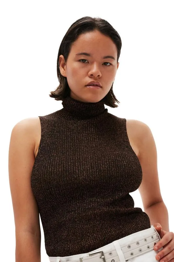 Clothing GANNI Tops Sparkle Rib Highneck Top Copper Brown Clothing GANNI Tops Sparkle Rib Highneck Top Copper Brown