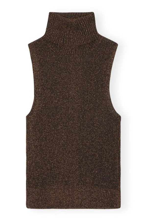 Clothing GANNI Tops Sparkle Rib Highneck Top Copper Brown Clothing GANNI Tops Sparkle Rib Highneck Top Copper Brown