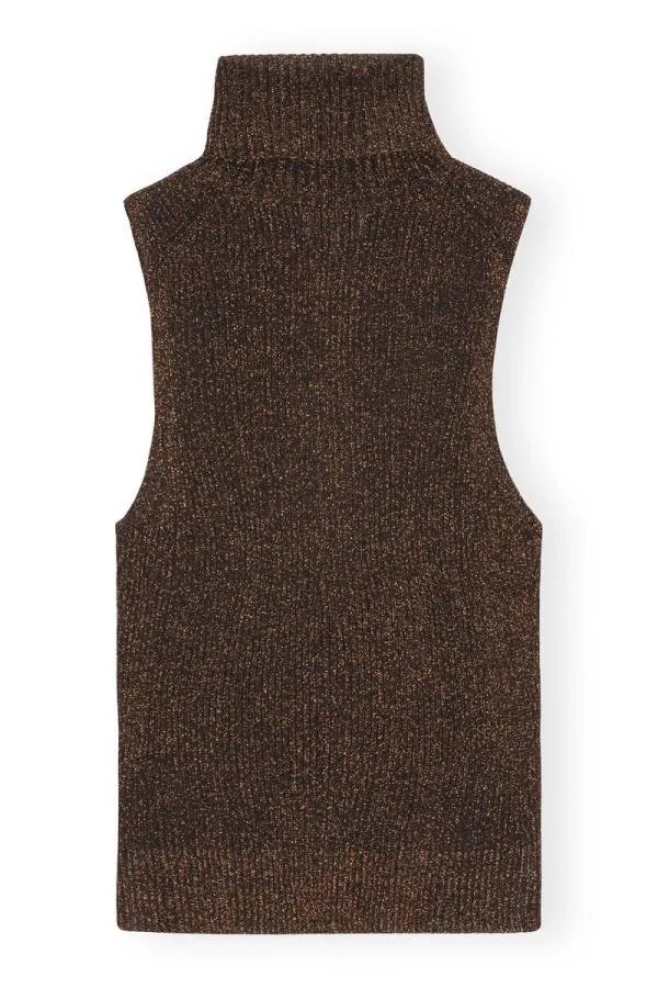 Clothing GANNI Tops Sparkle Rib Highneck Top Copper Brown Clothing GANNI Tops Sparkle Rib Highneck Top Copper Brown