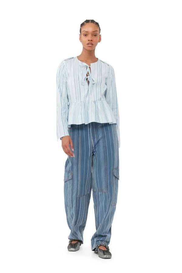 Clothing GANNI Trousers Light Stripe Denim Cargo Pants Mid Blue Stone