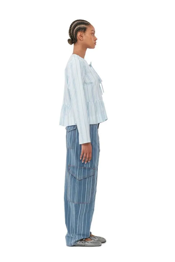 Clothing GANNI Trousers Light Stripe Denim Cargo Pants Mid Blue Stone Clothing GANNI Trousers Light Stripe Denim Cargo Pants Mid Blue Stone
