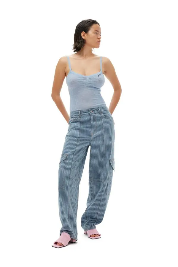 Clothing GANNI Trousers Light Stripe Denim Cargo Trousers Mid Blue Stone