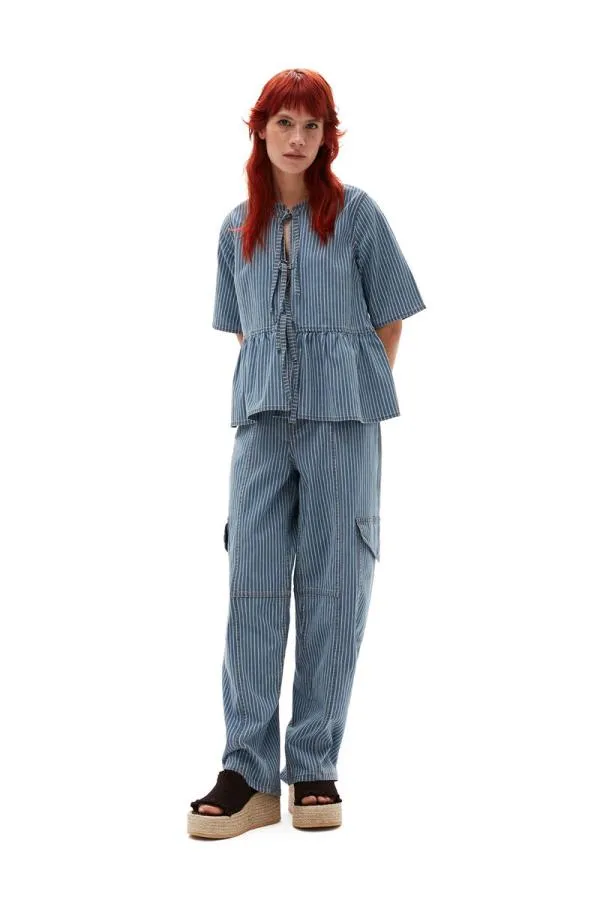 Clothing GANNI Trousers Light Stripe Denim Cargo Trousers Mid Blue Stone