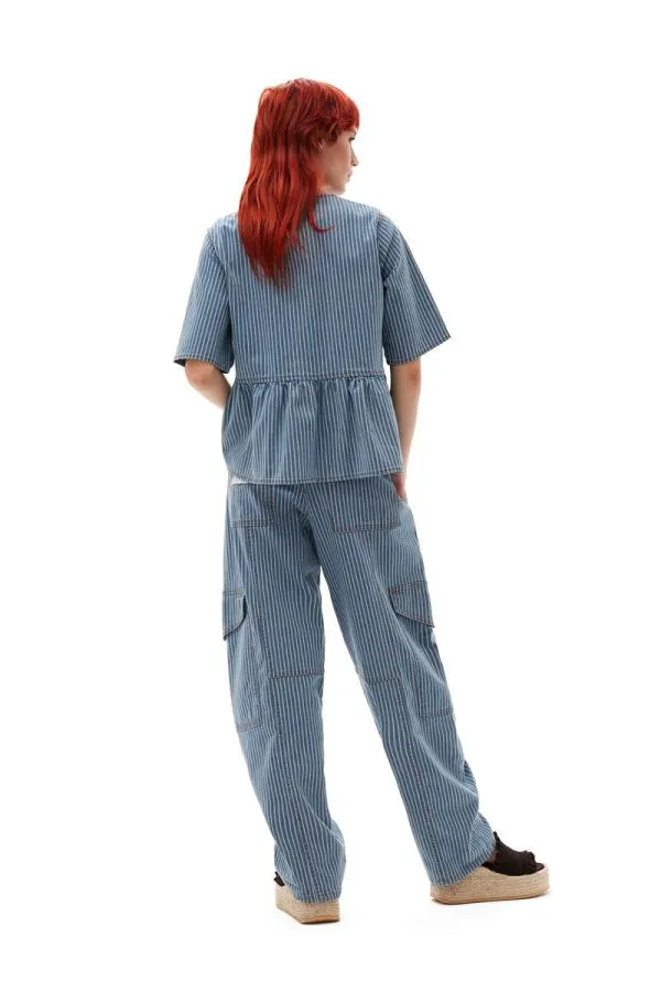 Clothing GANNI Trousers Light Stripe Denim Cargo Trousers Mid Blue Stone