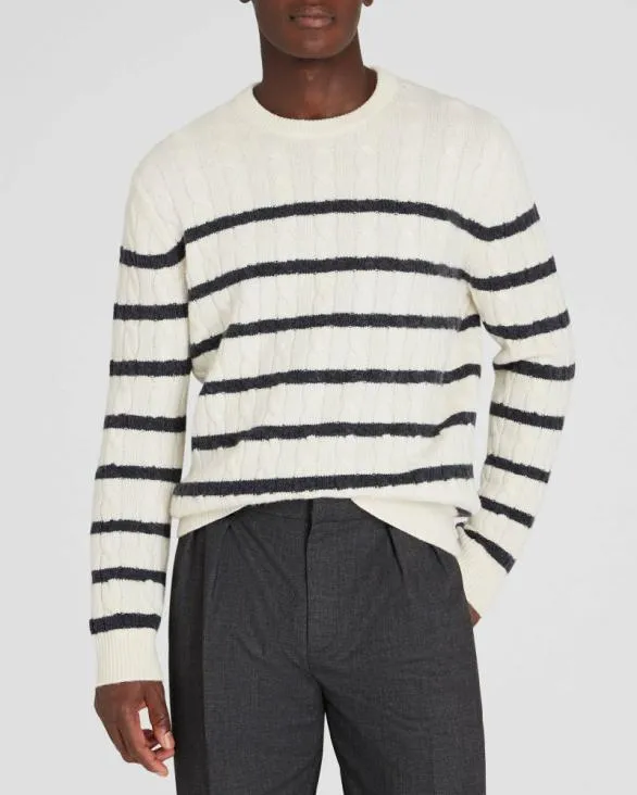 Club Monaco Sweaters Striped Cashmere CableKnit Crewneck Ivory 8211 Men