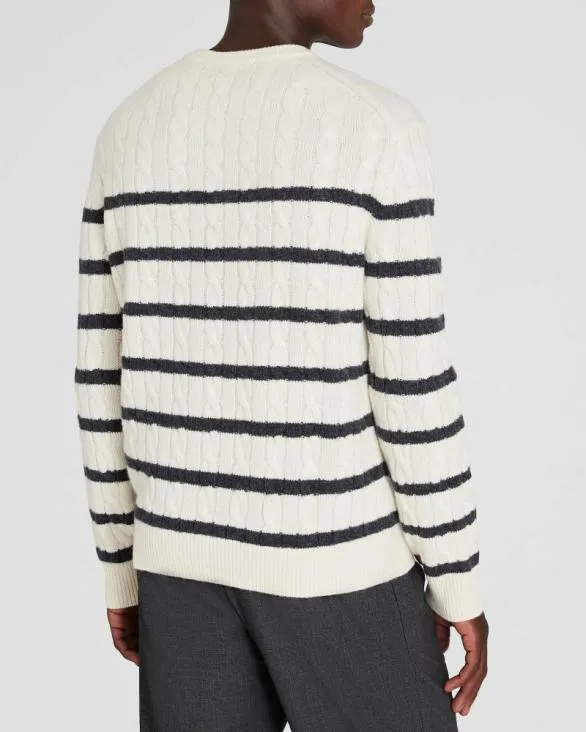 Club Monaco Sweaters Striped Cashmere CableKnit Crewneck Ivory 8211 Men
