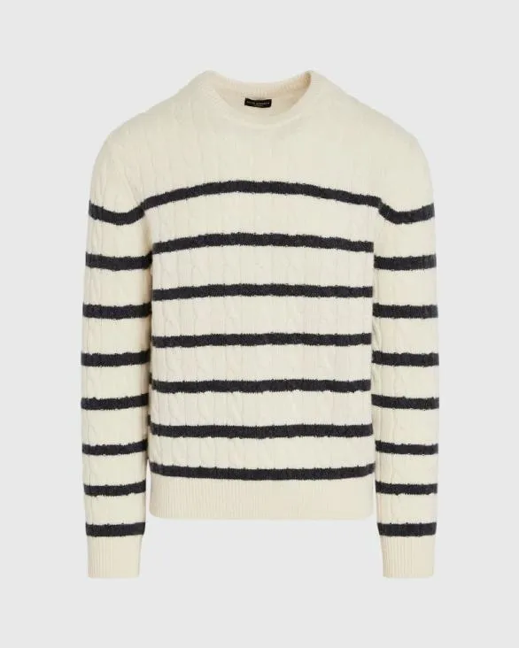 Club Monaco Sweaters Striped Cashmere CableKnit Crewneck Ivory 8211 Men