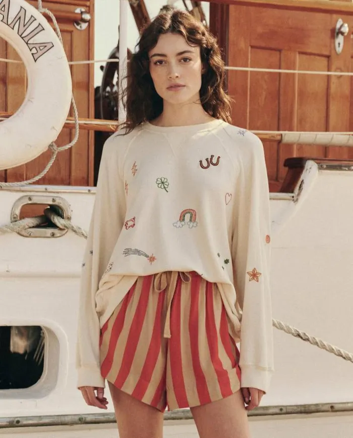 CollectionTees and Sweats The Great The Slouch Sweatshirt Washed White With Charm Embroidery