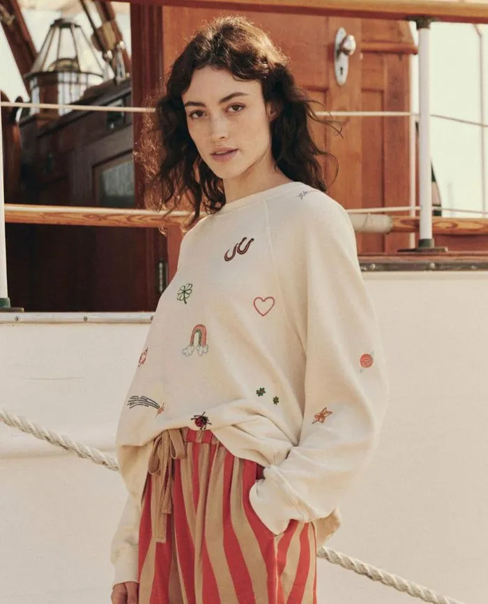 CollectionTees and Sweats The Great The Slouch Sweatshirt Washed White With Charm Embroidery