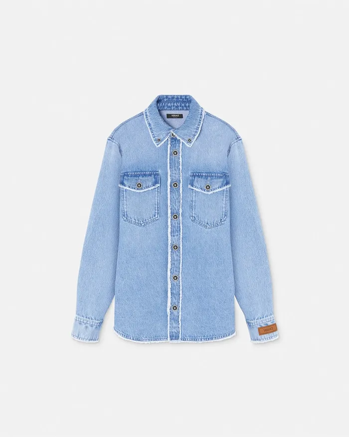 Denim Men Versace Frayed Denim Overshirt Blue