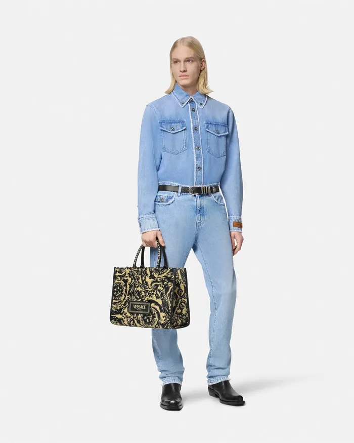 Denim Men Versace Frayed Denim Overshirt Blue