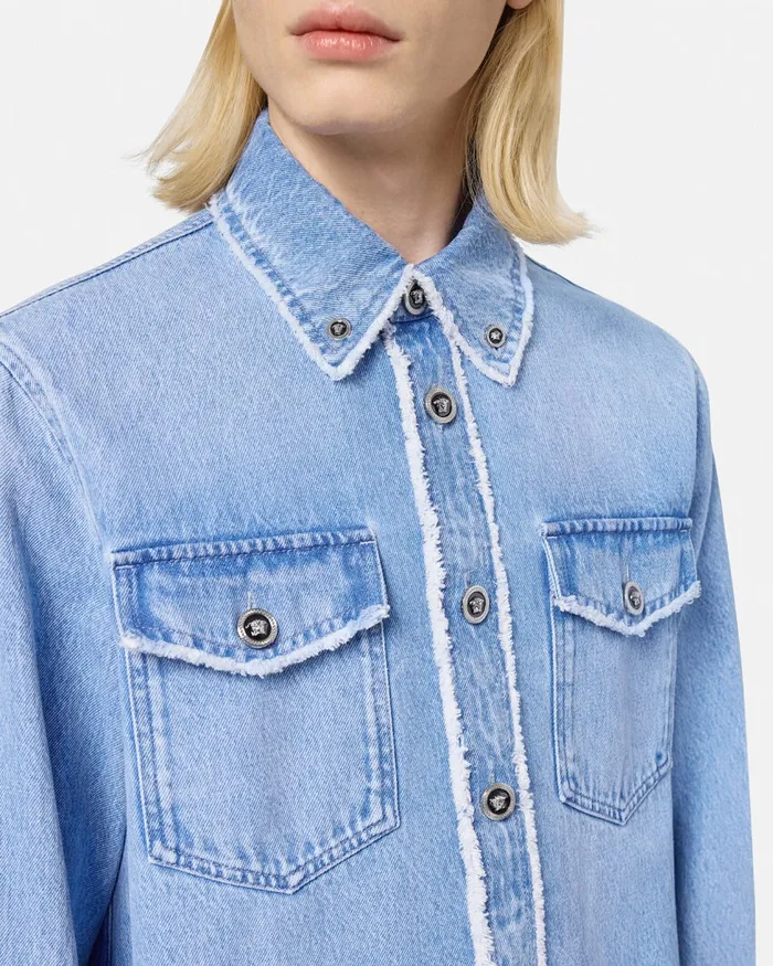 Denim Men Versace Frayed Denim Overshirt Blue