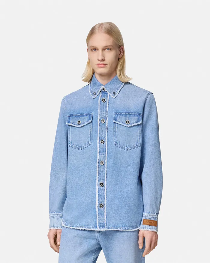 Denim Men Versace Frayed Denim Overshirt Blue