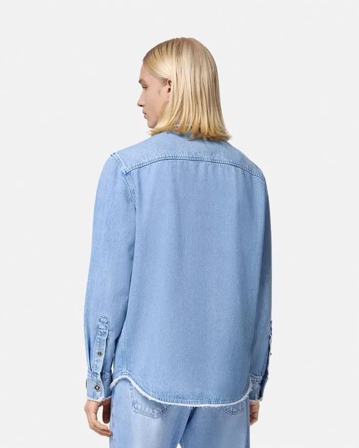 Denim Men Versace Frayed Denim Overshirt Blue