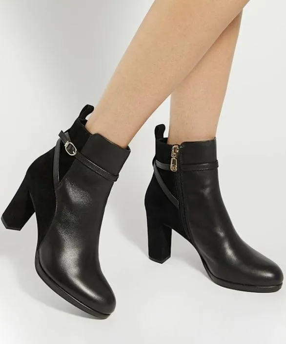 Dune London Black Boots Women Ottara Black Branded Buckle Heeled Ankle Boot Black