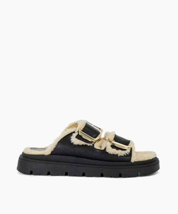 Dune London Black Sandals Women Lodge Black Cosy Lined Two Bar Mules Black