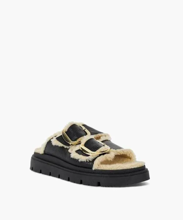 Dune London Black Sandals Women Lodge Black Cosy Lined Two Bar Mules Black