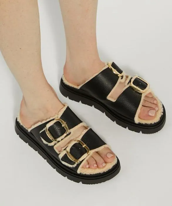 Dune London Black Sandals Women Lodge Black Cosy Lined Two Bar Mules Black