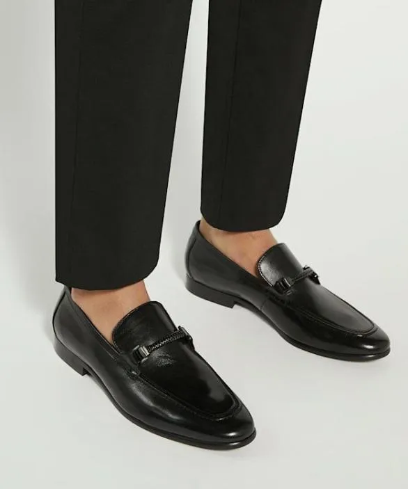 Dune London Black Shoes Men Scilly Black Leather Snaffle Trimmed Loafers Black