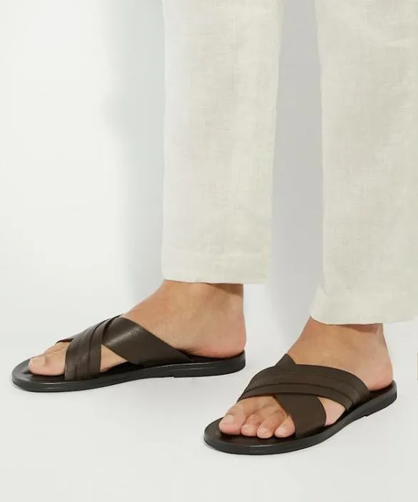 Dune London Casual Sandals Men Frankos Brown Leather Cross Over Strap Sandals Brown