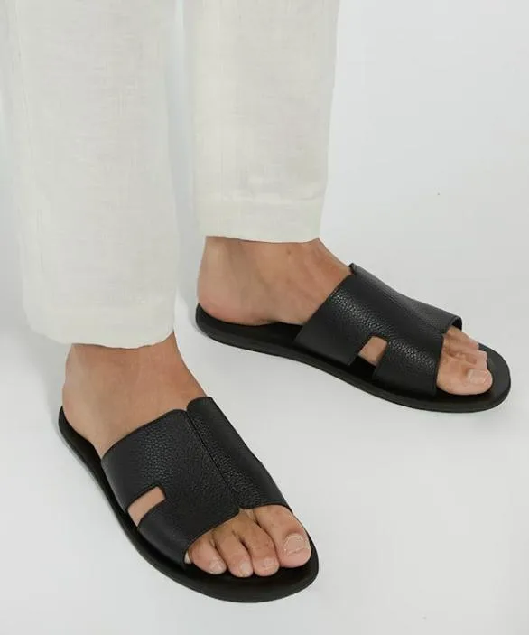 Dune London Casual Sandals Men Initially Black Flat Leather Sandals Black