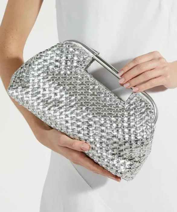 Dune London Clutch Bags Women Expression Silver Woven Grab Bag With Chain Handle Metallic