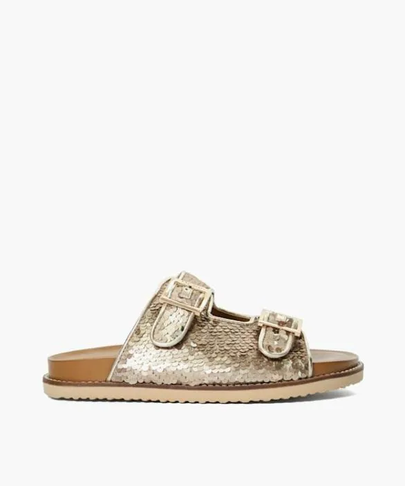 Dune London Gold Sandals Women Lequin Gold Two Strap Sequin Sandals Metallic