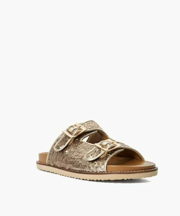 Dune London Gold Sandals Women Lequin Gold Two Strap Sequin Sandals Metallic