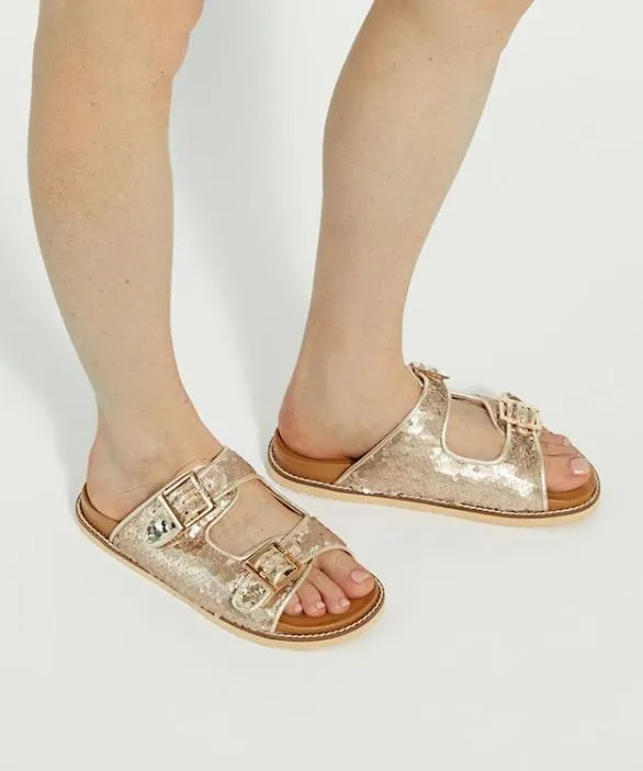 Dune London Gold Sandals Women Lequin Gold Two Strap Sequin Sandals Metallic
