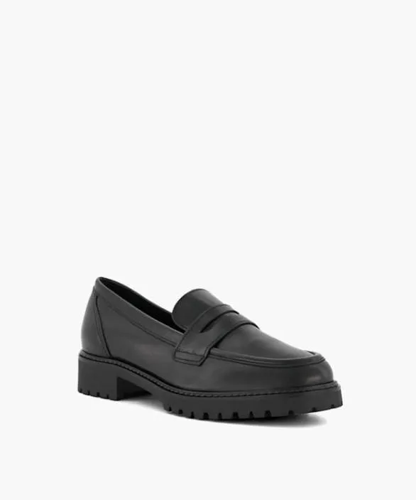 Dune London Loafers Women Gild Black CleatedSole Leather PennyTrim Loafers Black