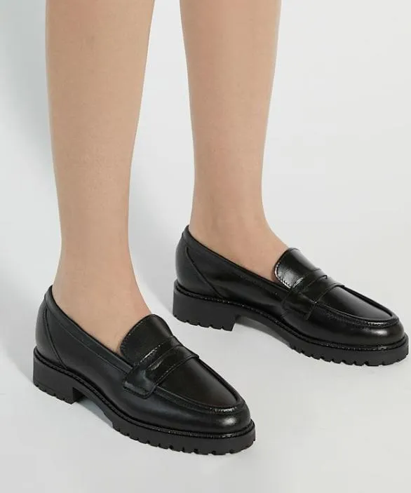 Dune London Loafers Women Gild Black CleatedSole Leather PennyTrim Loafers Black
