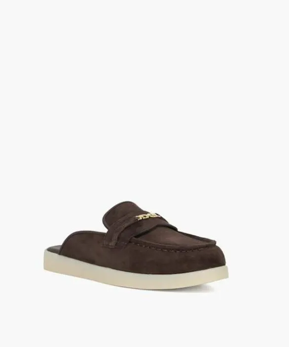 Dune London Loafers Women Gracious Brown Suede Backless Snaffle Trim Casual Loafers Brown
