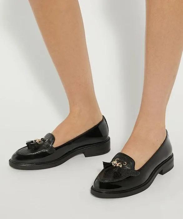 Dune London Loafers Women Grape Black Patent Tassel Loafers Black