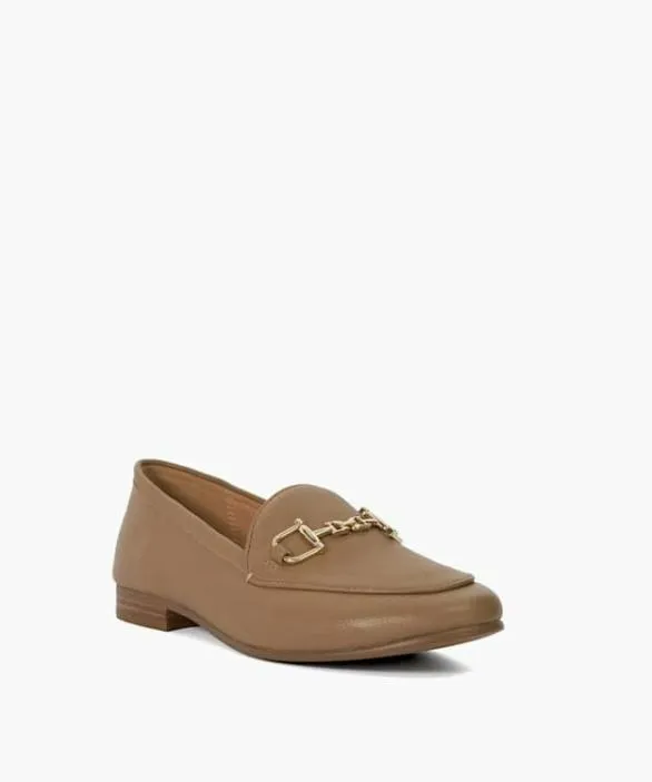 Dune London Wide Fit Shoes Women Glair Caramel Almond Toe Buckle Detail Loafers Neutral